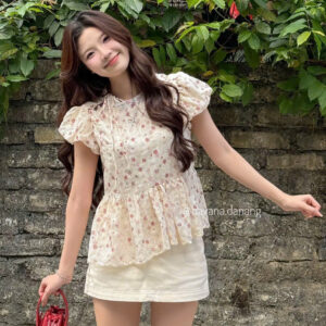 Áo babydoll ROSE top thô boli tay bồng phối dây buộc nơ cách điệu cổ